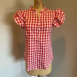 SHEIN- SZ S Red and White Gingham Print Neckline Butterfly Sleeve Blouse